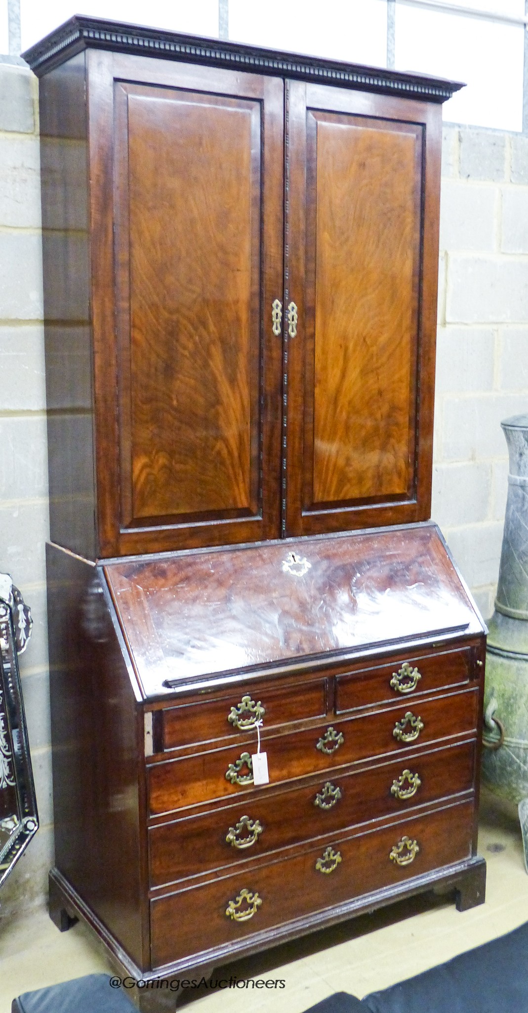 A George III mahogany bureau cabinet, width 102cm, depth 56cm, height 222cm